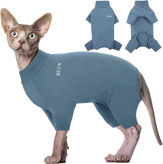 ROZKITCH Hairless Cat Clothes, Breathable Soft Cat Jumpers for Cats Only, Cat Coat with Four Legs, Warm Cat Sweater Cat T-Shirt Cat Pajamas Jumpsuit Vest Cornish Rex, Devon Rex, Peterbald Blue XL
