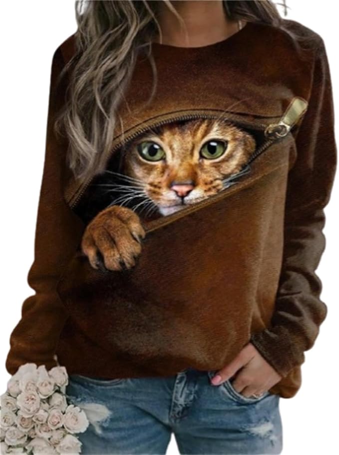 IVERIRMIN Women's 3D Cute Cat Print Sweatshirt Casual Long Sleeve Crewneck Cute Cat Pullover Loose Fit Shirts