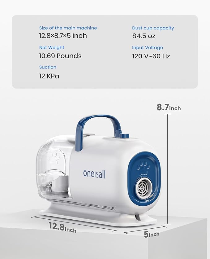 oneisall Dog Vacuum & Dryer for Shedding Grooming, 8 in 1 Dog Grooming Kit with Metal Blades Pet Clippers, Adjustable Speed and Temperature Control Blower