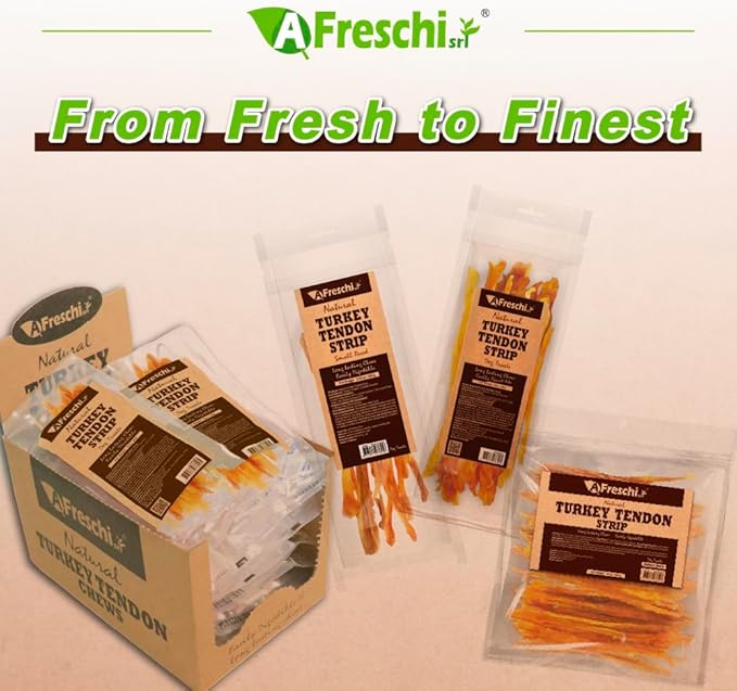 AFreschi Natural Turkey Tendon Strip 10oz, USA-Sourced Turkey Tendon, All Natural Puppy Chew, Hypoallergenic, Rawhide Alternative