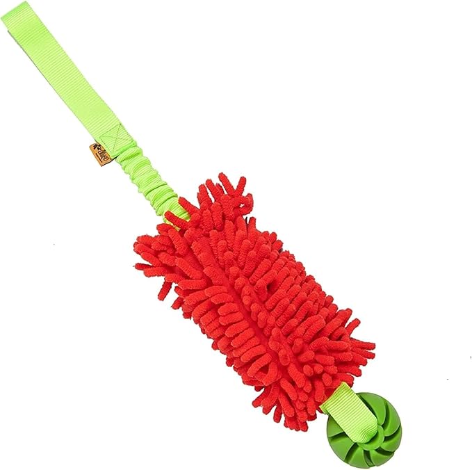 Dingo Dog tug of war Toy for Outdoor Play and Traning Agility, Interactive Toy with Bungee Shock Absorber and Rubber Ball, Cuddly and Shaggy Plush tug Toy for Motivation and Fun, Color: red 15588