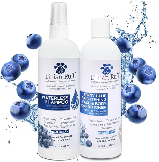 Lillian Ruff PRO Formula Blueberry Waterless Dog Shampoo & Berry Blue Brightening Conditioner - No-Rinse Odor Eliminator & Hydrating Whitening Conditioner Detangles, Restores Skin, Softness & Shine