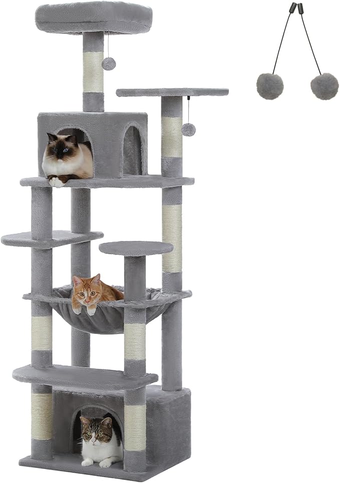 64.5-inch Plush Cat Tree for Indoor Cats with Large Metal Frame Hammock - Multi-Level Cat Tower with 2 Top Perches, 2 Condos, 7 Scratching Posts & Pompoms, Sturdy Pet House Toys, Grey