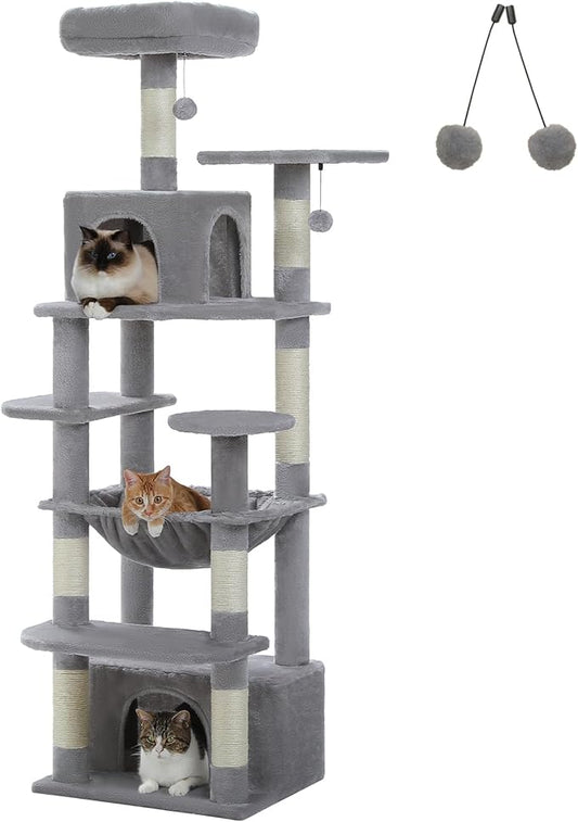 64.5-inch Tall Cat Tree for Indoor Cats, Plush Multi-Level Cat Tower with 7 Scratching Posts, 2 Top Perches, 2 Cozy Condos, Large Metal Frame Hammock & Pompoms, Sturdy Cat Playhouse, Grey