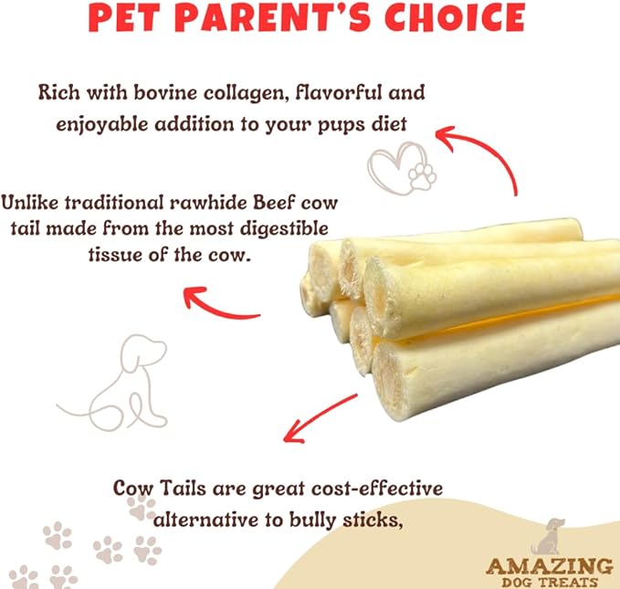Amazing Dog Treats - Cow Tail Dog Chews (6 Inch Regular - 25 Pack) - Sourced from 100% Grass Fed Cattle - All Natural - Long Lasting Chew for Dogs - Rawhide Alternative for Dogs