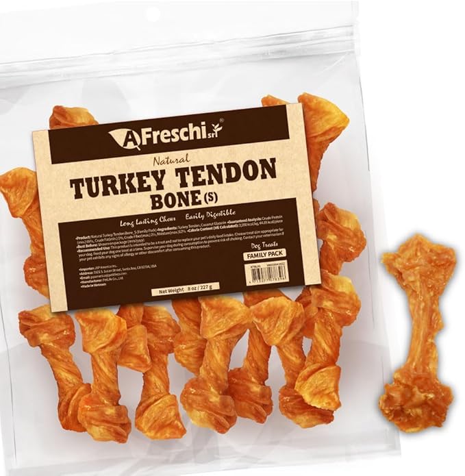 AFreschi Natural Turkey Tendon Bone (S) 8 oz, USA-Sourced Turkey Tendon, All Natural Puppy Chew, Hypoallergenic, Rawhide Alternative, for Small Breeds