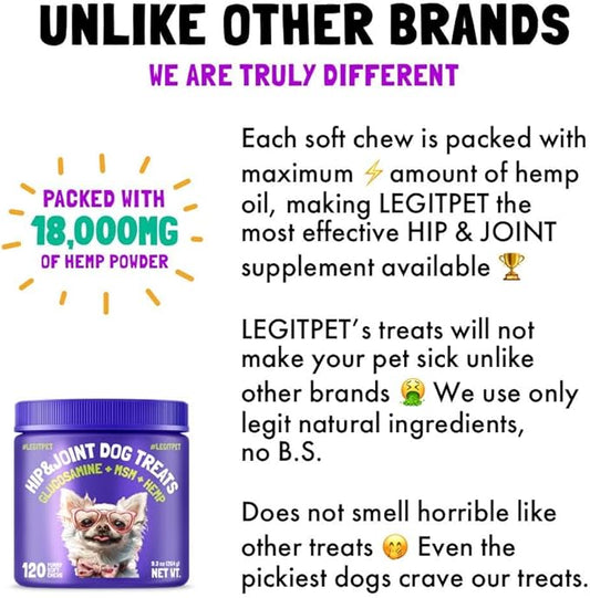 Hemp Hip & Joint Supplement for Dogs Soft Chews Made in USA Functional Glucosamine for Dogs Chondroitin MSM Turmeric Hemp Seed Oil Natural Pain Relief Mobility Advanced Joint 120 Treats