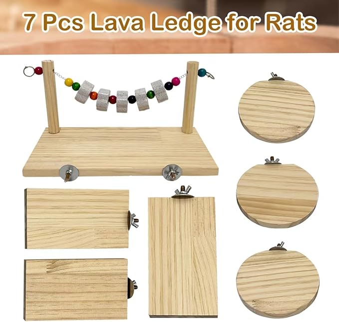 7 Pcs Chinchilla Ledges Wood Sets, Hamster Wooden Stand Platform with Lava Ledge Blocks Chew Toys Small Animal Cage Accessories for Rat Gerbil Guinea Pig Parrot Chipmunk Squirrel Mouse
