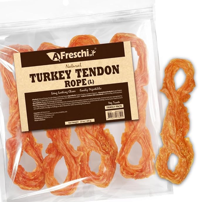 AFreschi Natural Turkey Tendon Rope (L) 10 oz, USA-Sourced Turkey Tendon, All Natural Puppy Chew, Hypoallergenic, Rawhide Alternative, for Large Breeds