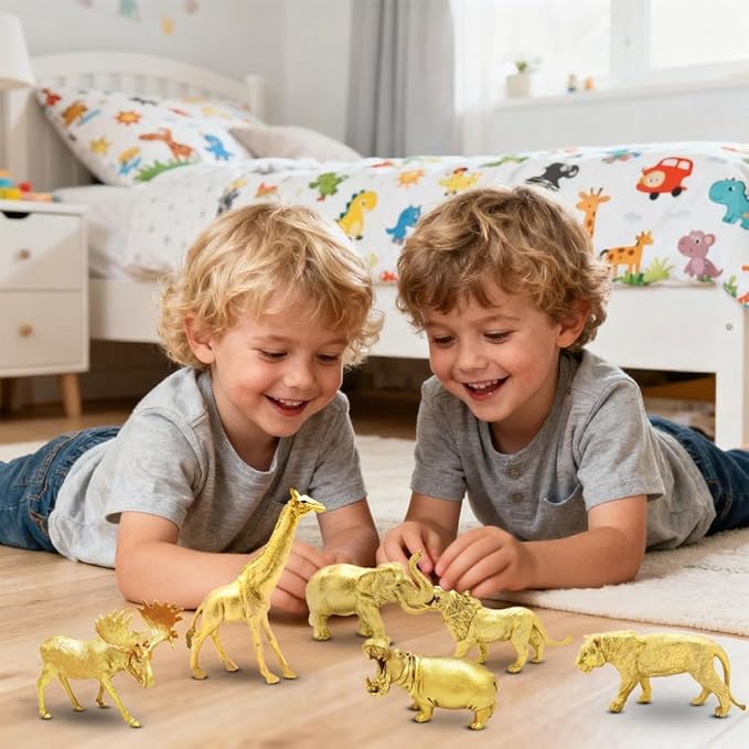 Metallic Gold Plastic Animal Figurines Toys, 12PCS Golden Safari Zoo Animal Figures, Jungle Wild Animals with Elephant, Lion, Giraffe for Baby Shower Decor, Safari Themed Birthday Party