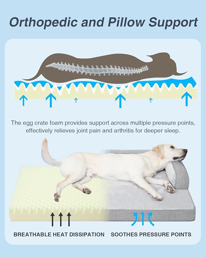 KSIIA Washable XXL Dog Bed for Extra Large Dog U-Shaped Bolster Pet Couch with Removable Waterproof Cover, Non-Slip Bottom and Egg-Crate Orthopedic Foam Pet Bed, 53 x 36 Inch, Gray