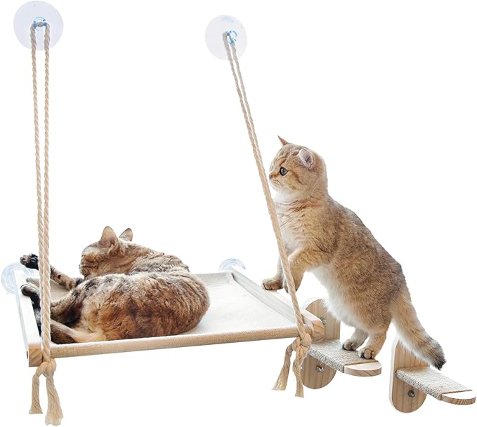 Cat Window Perch with 2 Steps, Easy to Assemble Hammock for Window Indoor/Outdoor Cat Seat/Bed Supports 40 lbs (Drilling-Free)