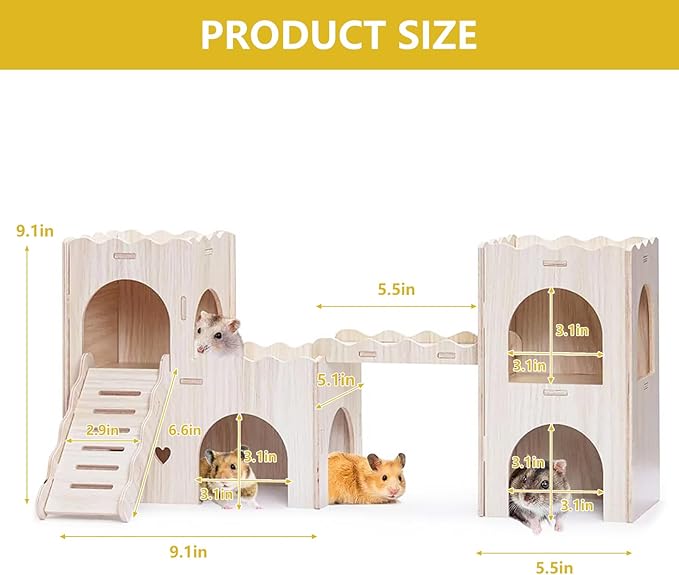 Large Wooden Hamster House Castle with Double Decker,Large Hamster, Wooden Houses,Dwarf Habitat Hideout with Climbing Ladder, Guinea Pig Castle Detachable Hideouts(B)