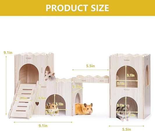 Large Wooden Hamster House Castle with Double Decker,Large Hamster, Wooden Houses,Dwarf Habitat Hideout with Climbing Ladder, Guinea Pig Castle Detachable Hideouts(B)