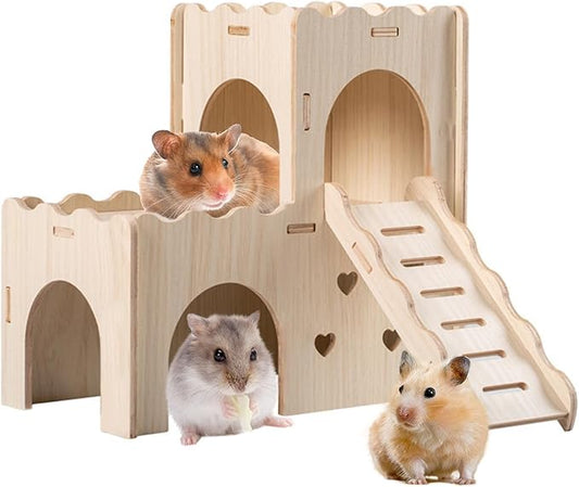 Large Wooden Hamster House Castle with Double Decker,Large Hamster, Wooden Houses,Dwarf Habitat Hideout with Climbing Ladder, Guinea Pig Castle Detachable Hideouts(D)
