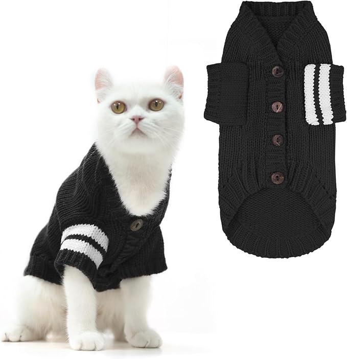 EXPAWLORER Cat Sweater Cardigan - Stylish Knitted Cat Clothes, British Style Soft Puppy Sweater with Sleeve Warm Pet Clothing Knitwear, Fall and Winter Kitten Coat for Girl Boy Cats, Black Small