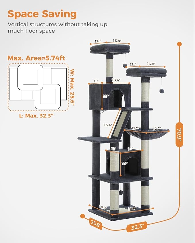 Tall Cat Tree 70.9"- Cat Tower with 6 Scratching Posts, Multi-Level Cat Climbing Tower with 2 Cat Condo, 2 Scratching Boards, 2 Top Beds&Hammock for Indoor Large Medium&Small Cats, Dark Gray