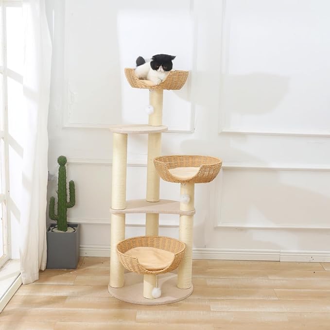 SHENGOCASE Modern Cat Tree Tower, 3 Large Rattan Wicker Basket Beds, Window Perch for Cats up to 20 lbs
