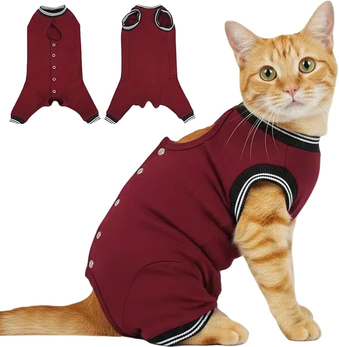 T'CHAQUE Cat Surgery Recovery Suit for Female Male, Cat Onesie Pet Surgical Pajamas Long Sleeve, Abdominal Wound Healing, E-Collar Alternative, Spay/Neuter Recovery Garment-Burgundy-XL