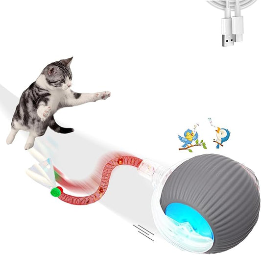 1PC Interactive Cat Toys for Indoor Cats,2025 New Generation Interactive Cat Ball Toy with Elastic Mesh Tail,Automatic Cat/Kitten Toys with Chirping & Motion Activate,Cat Toys for Bored Indoor,Gray