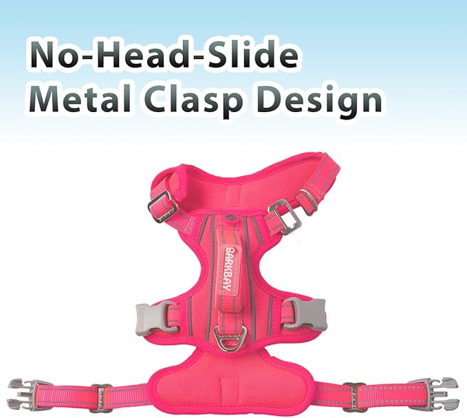 BARKBAY No Pull Dog Harness 3 Buckles Large Reflective Dog Harness with Front Clip and Easy Control Handle for Walking Training Running with ID tag Pocket(Pink,S)