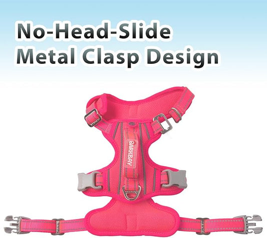 BARKBAY No Pull Dog Harness 3 Buckles Large Reflective Dog Harness with Front Clip and Easy Control Handle for Walking Training Running with ID tag Pocket(Pink,L)