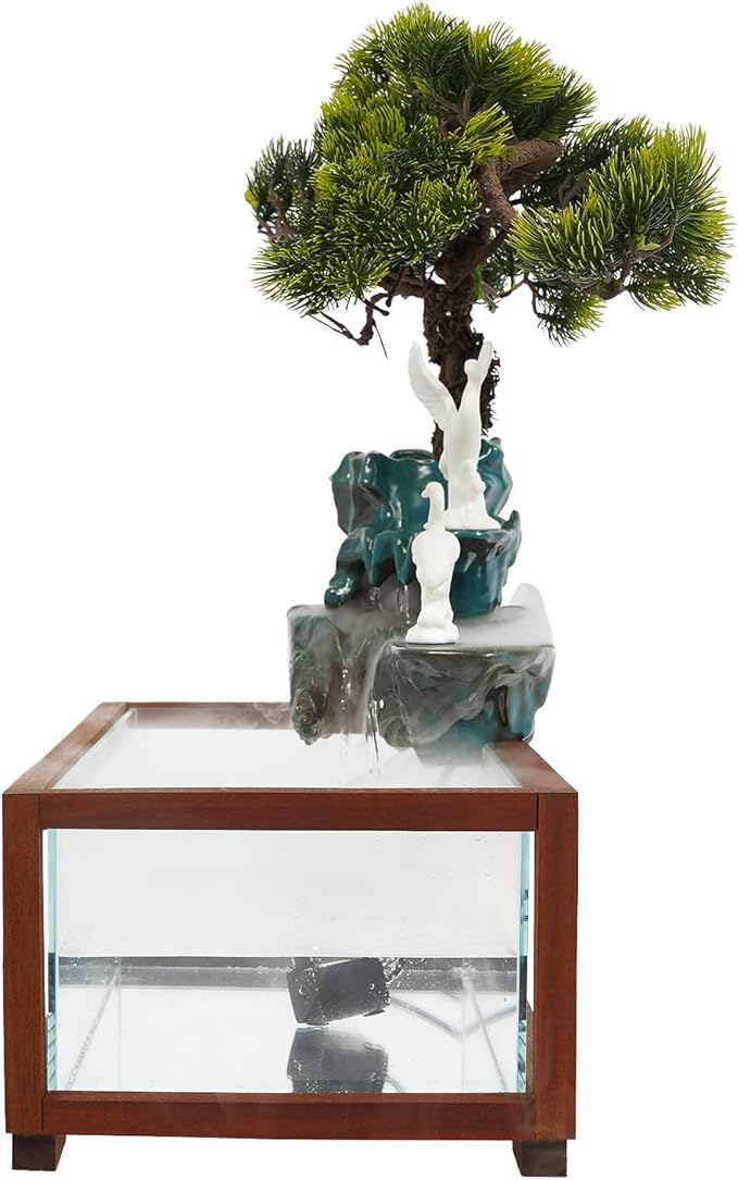 Antique-Style Tabletop Water Fountain with Fish Tank & Atomizer - Desktop Decor with Crane Statues, Simulated Pine, LED Light & Feng Shui Symbolism for Indoor Home/Office Decoration