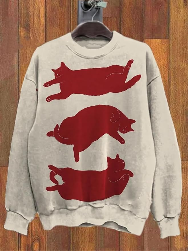 IVERIRMIN Women's 3D Cute Cat Print Sweatshirt Casual Long Sleeve Crewneck Cute Cat Pullover Loose Fit Shirts