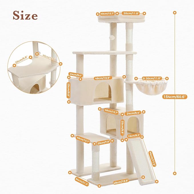 PAWZ Road Cat Tree, 60 Inches Cat Tower with Dual Condos, Spacious Perch, Cozy Basket and Sisal-Covered Scratching Posts for Indoor Cats- Beige