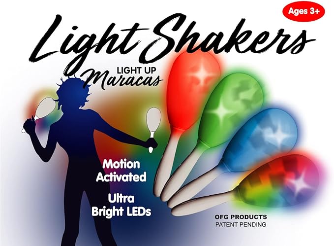 Pack of 2 Light Shakers LED Light Up Maracas - Choose From Multiple Modes: Solid Red, Green, and Blue; Plus COLOR CHANGE (Alternates Colors With Every Shake)