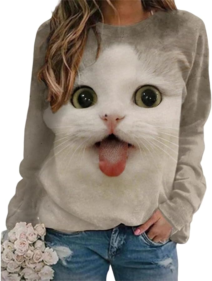 IVERIRMIN Women's 3D Cute Cat Print Sweatshirt Casual Long Sleeve Crewneck Cute Cat Pullover Loose Fit Shirts