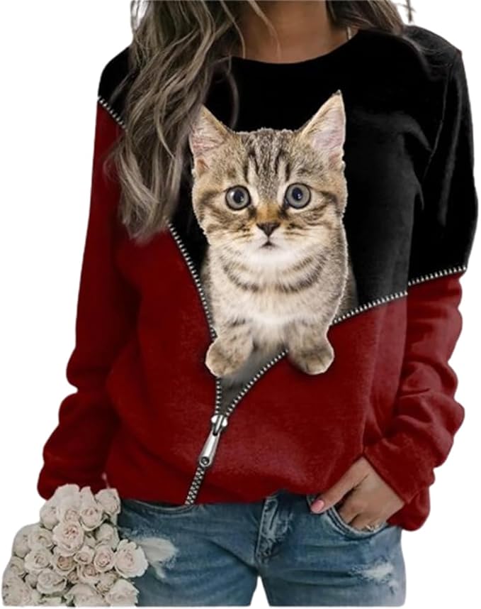 IVERIRMIN Women's 3D Cute Cat Print Sweatshirt Casual Long Sleeve Crewneck Cute Cat Pullover Loose Fit Shirts