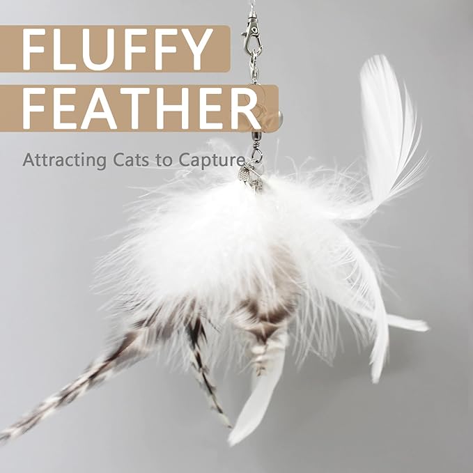 SONGWAY Cat Feather Wand - 7 Pcs Interactive Toys for Indoor Kitten, Retractable Wand With 6 Natural Feather Refills and Bell, Fishing Pole Toy