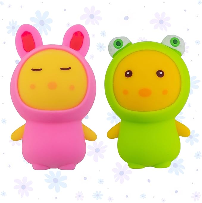 Farm Fresh Chick-in Costume Squeezable Toy – 2-Pack Yellow Chick Fidget Animals with Bunny & Frog Costumes – Soft Squishy Sensory Toys, Stress Relief Gift, Party Favors for Kids Ages 3+
