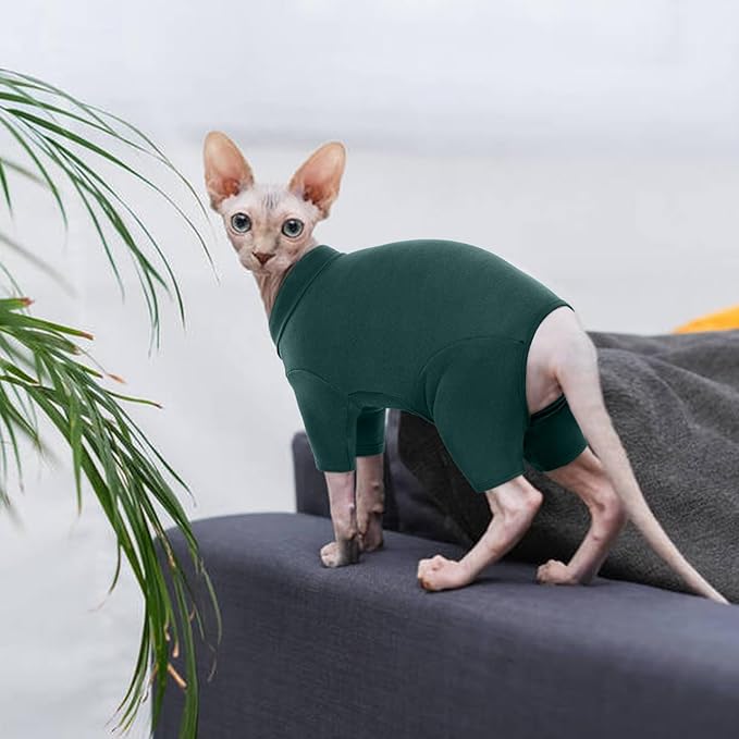 ROZKITCH Hairless Cat Clothes, Breathable Soft Cat Jumpers for Cats Only, Cat Coat with Four Legs, Warm Cat Sweater Cat T-Shirt Cat Pajamas Jumpsuit Vest Cornish Rex Devon Rex Peterbald DarkGreen XS