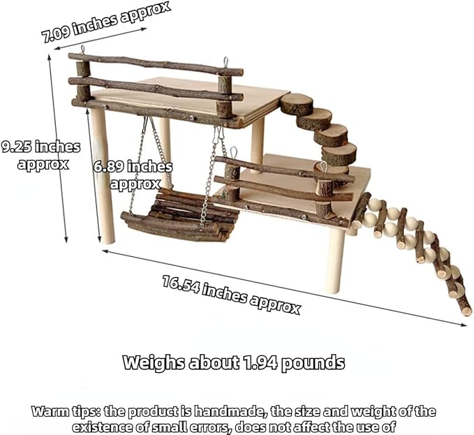 Hamster Climbing Toys DIY Natural Wooden Playing Platform with Swing Apple Wood Hamster Playground with 2 Platform, 5 Steps Ladder and 6 Steps Bridge Small Animal Chewing Toys for Gift