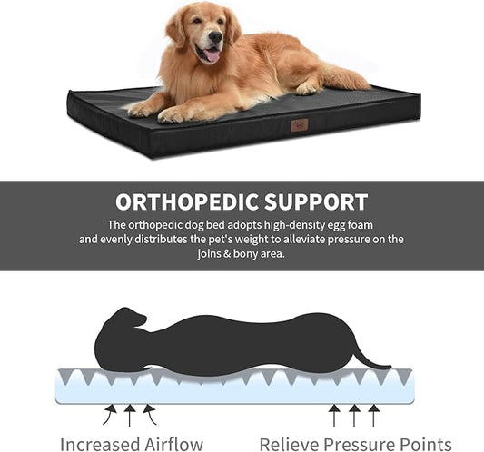 Outdoor Large Dog Bed, Waterproof Dog Bed for Large Dogs, Egg Crate Foam Pet Bed with Removable Washable Oxford Cooling Cover, Black