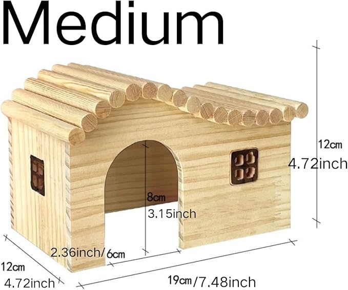 Guinea Pig Wood Hideout Hut with Window Small Animal Wooden House for Rat Chinchilla Hedgehog Hamster Rabbit Bunny (Medium)