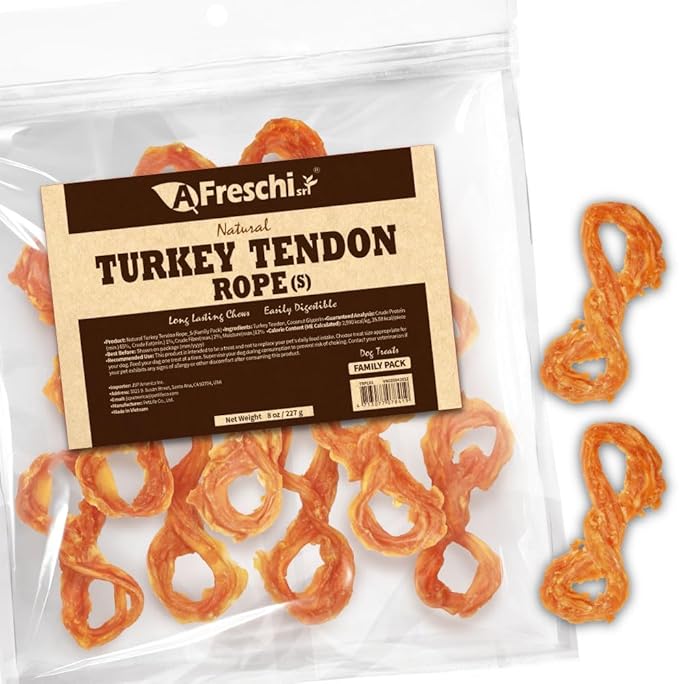 AFreschi Natural Turkey Tendon Rope (S) 8 oz, USA-Sourced Turkey Tendon, All Natural Puppy Chew, Hypoallergenic, Rawhide Alternative, for Small Breeds