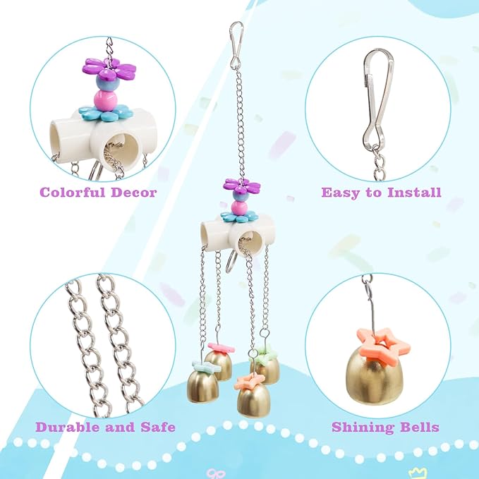 2 Pack Bird Enrichment Toys, Bird Chew Toys with Colorful Decor and Shining Bells, Bird Cage Accessories for Budgies, Cockatiels, Lovebirds, Conures, Quakers, Small to Medium Birds