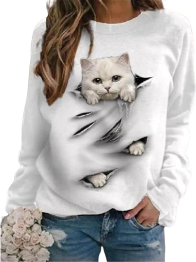IVERIRMIN Women's 3D Cute Cat Print Sweatshirt Casual Long Sleeve Crewneck Cute Cat Pullover Loose Fit Shirts
