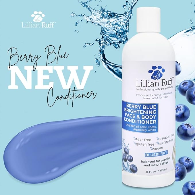 Lillian Ruff PRO Formula Berry Blue Brightening Dog Conditioner - Professional Whitening Conditioner Hydrate Dry Skin, Soften, Detangle, Restore Shine - Provitamin B5, USA Made 16oz