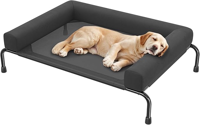 Simple Trending Elevated Dog Bed for Large Dogs, Cooling Raised Dog Cot with Bolsters, Breathable Pet Bed for Outdoor, 47.75" x 31", Black