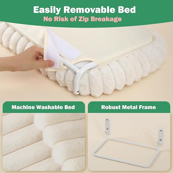 Zakkart SnugCloud Foldable Cat Window Perch - Cordless, Ultra Soft Machine Washable Bed with 4-Sided Bolster, Metal Frame - Window Hammock for Large Cats and Kittens (Cream White, Large)