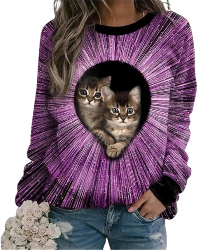 IVERIRMIN Women's 3D Cute Cat Print Sweatshirt Casual Long Sleeve Crewneck Cute Cat Pullover Loose Fit Shirts