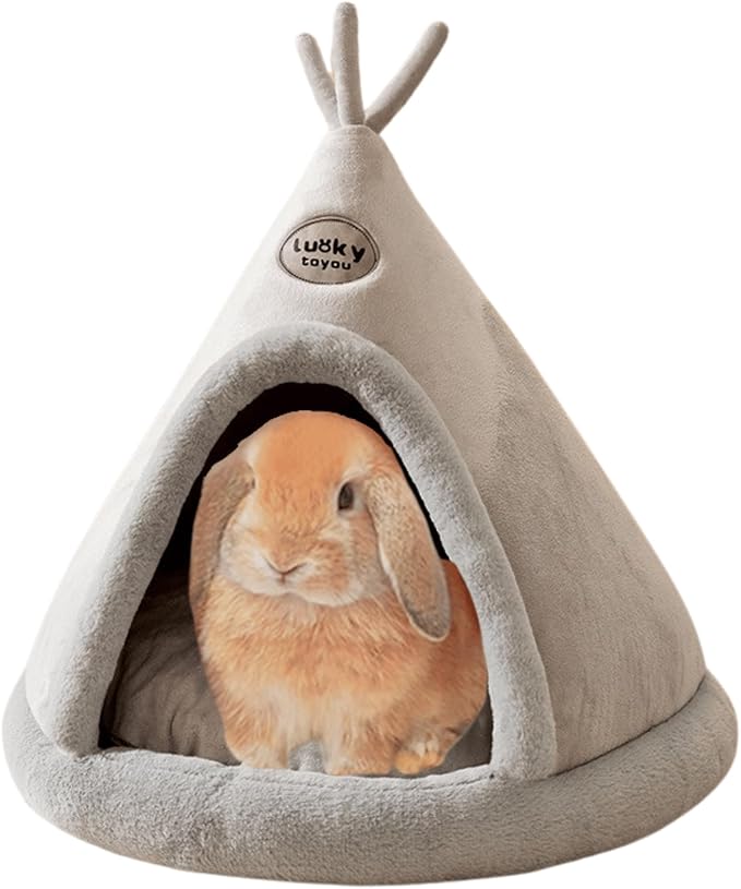 Rabbit Cave Bed, Comfortable Triangle Pet Teepee, Holiday Bunny Cave House and Bed, Extremely Cozy and Warm Tent for Cat Rabbit and Small Dog (Grey B,Small)