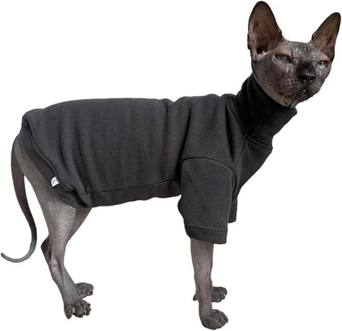 Sphynx Cats Solid Warm Fleece Shirt Cat Turtleneck Undershirt Thermal Hairless Cat Clothes for Sphynx, Devon, Cornish Cat Clothes and Small Kitten and Dogs (Deep Grey, Large)