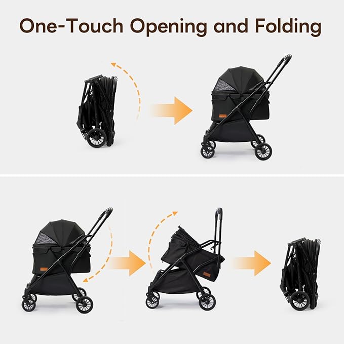 Foldable Pet Stroller,4 Wheels Pet Strolling Cart for Small Dogs Cats up to 44 Lbs, Pet Travel Carrier Strolling Cart with Storage Basket, Portable Dog Cat Stroller with Breathable Mesh, Black