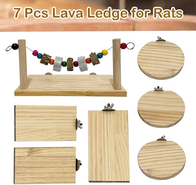 7 Pcs Chinchilla Ledges Wood Sets, Hamster Wooden Stand Platform with Lava Ledge Blocks Chew Toys Small Animal Cage Accessories for Rat Gerbil Guinea Pig Parrot Chipmunk Squirrel Mouse