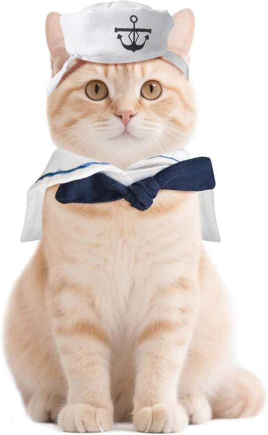 Cat Costume for Halloween Pet Sailor Outfit Navy Hat with Sailor Collar for Small Dogs/Dolls/Cats